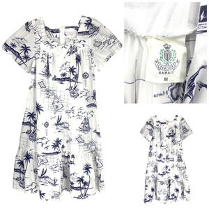 Vintage Creations Hawaii Sz M White & Blue Hawaiian Map House Patio Dress Aloha